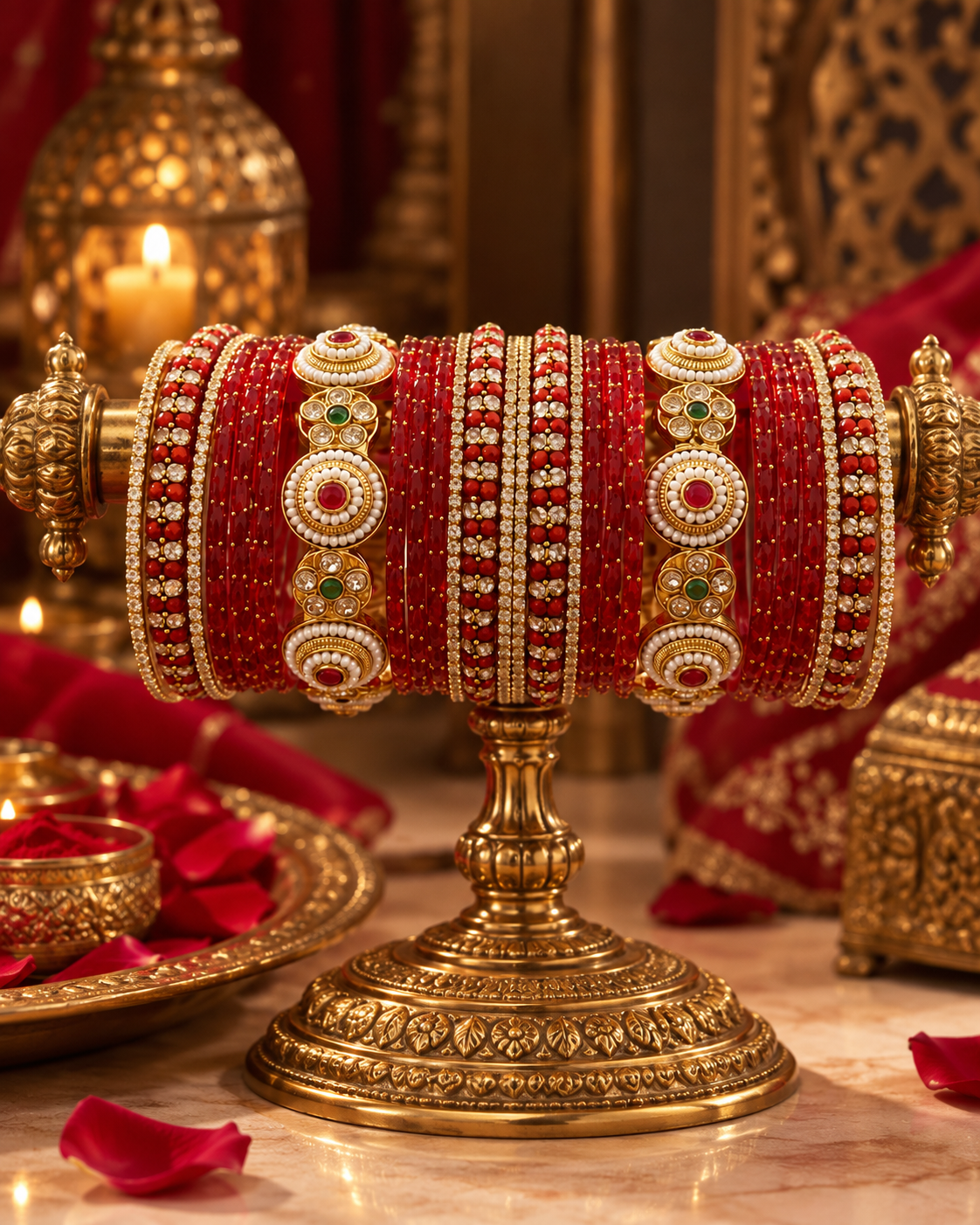 Red Designer Bangles for Women, Bridal Stone Studded Bangle Set, Traditional Kangan Jewellery for Wedding Festive Wear, Sizes 2.4 & 2.8