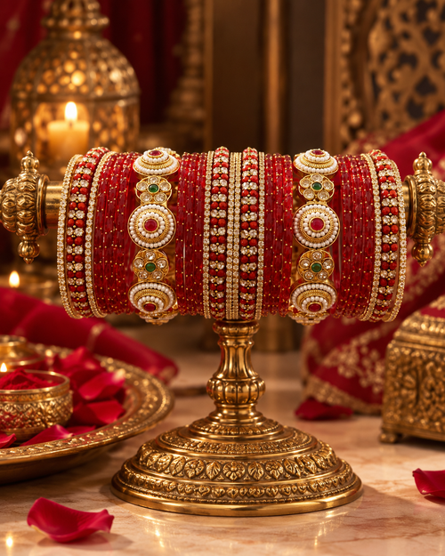Red Designer Bangles for Women, Bridal Stone Studded Bangle Set, Traditional Kangan Jewellery for Wedding Festive Wear, Sizes 2.4 & 2.8