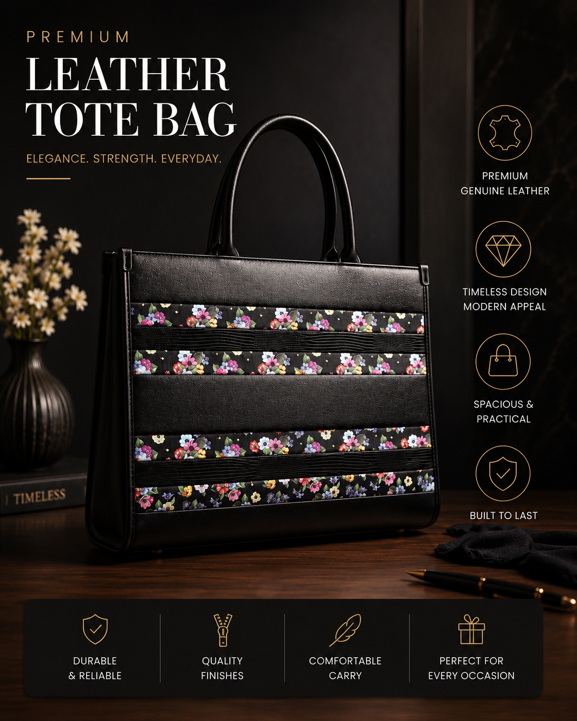 Floral Premium Tote Bag for Women with Laptop Compartment, Sling Strap & Bag Charm | Spacious Everyday Office Tote
