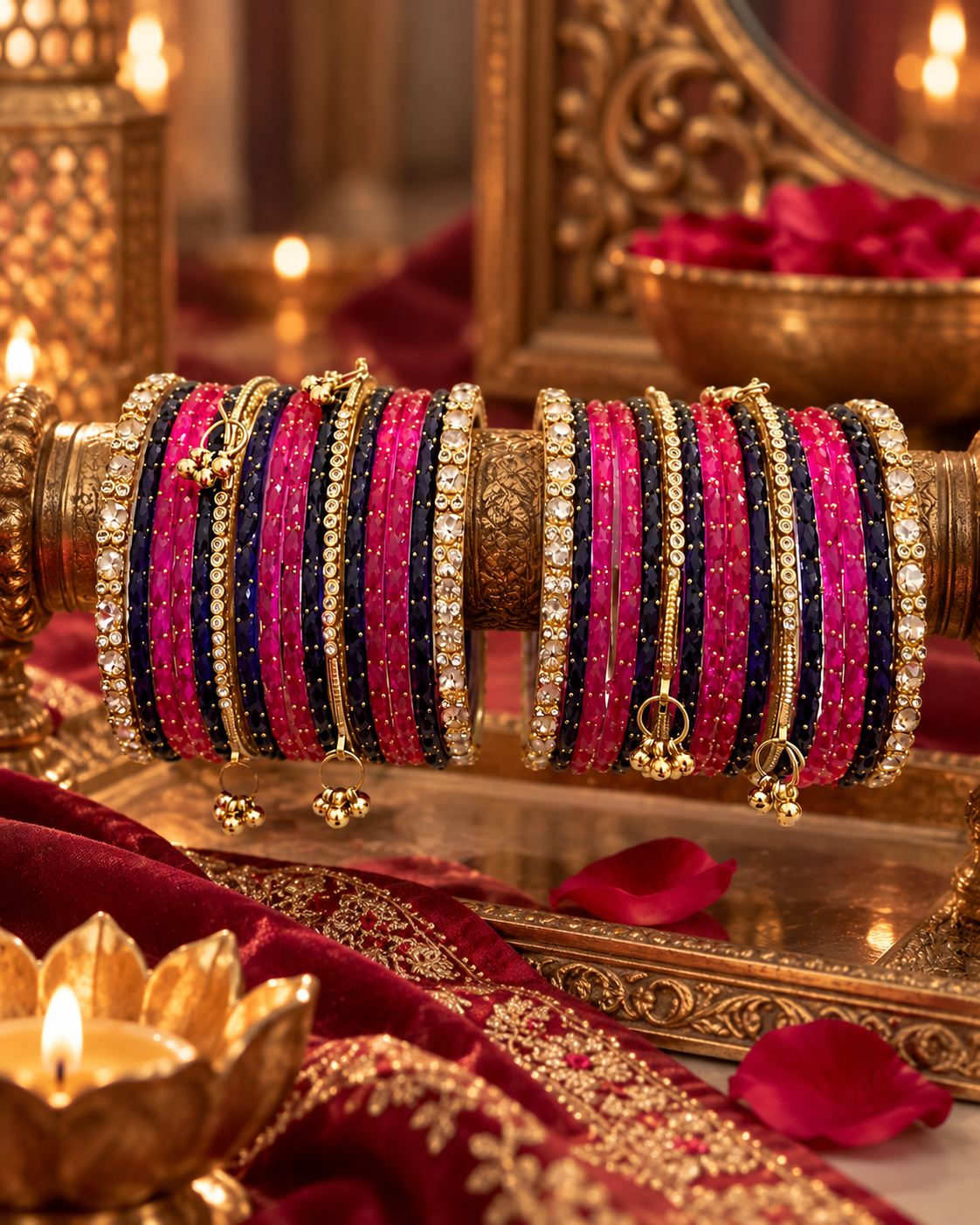 Pink Purple Glass Bangle Set for Women, Designer Kangan Choodiyan with Stone Studded Gold Detailing & Ghungroo Charms, Wedding Festive Jewellery, Sizes 2.4 2.6 2.8