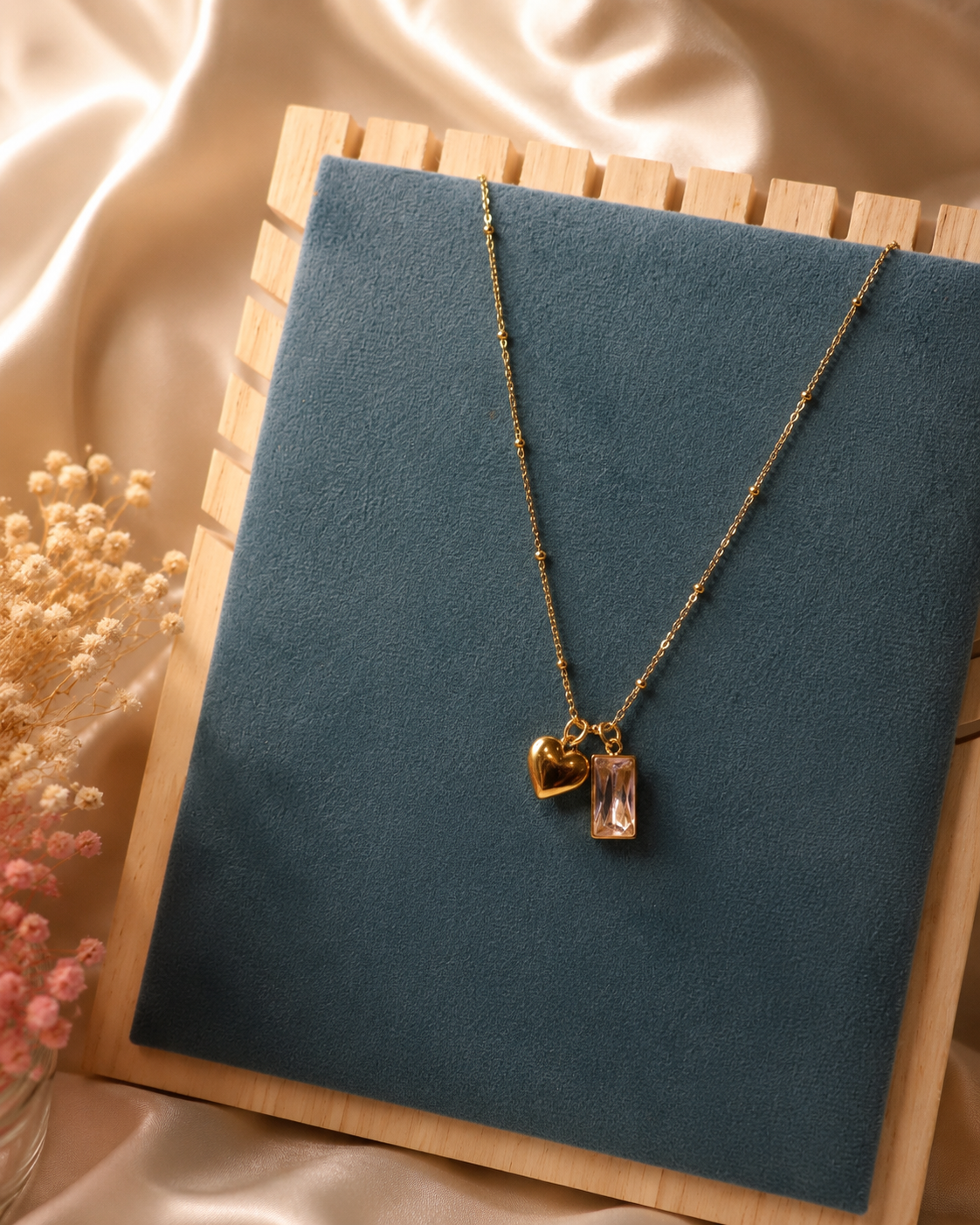 Premium Anti Tarnish Heart & Crystal Charm Necklace for Women | 18K Gold PVD Coated | Waterproof & Hypoallergenic