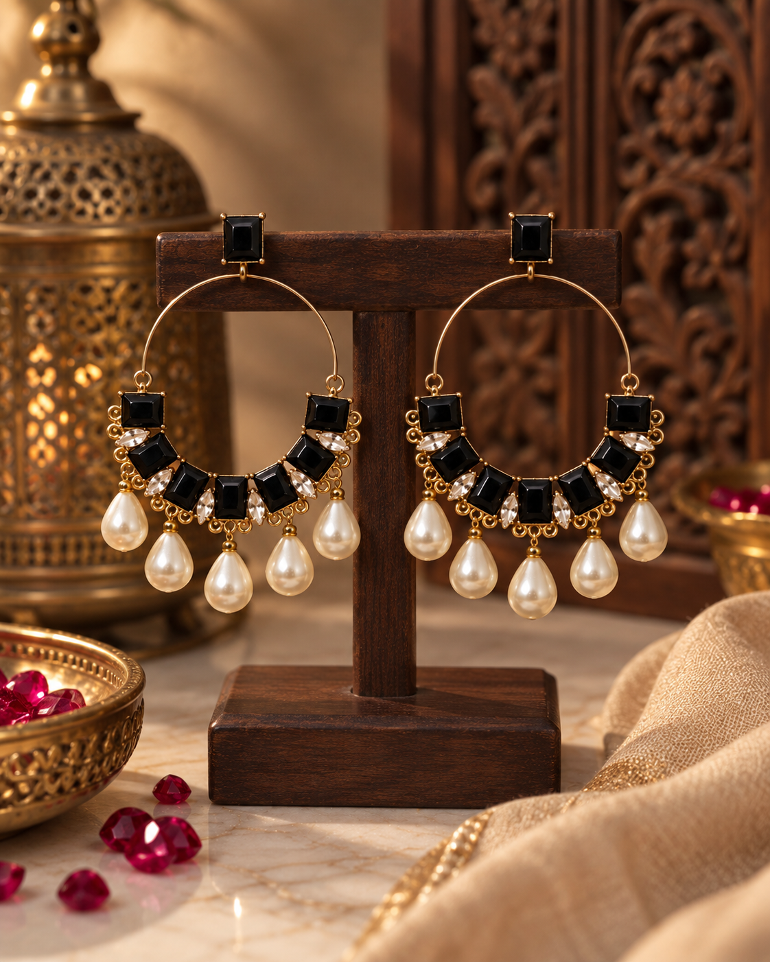 Hoop Earrings for Women, Statement Drop Earrings with Geometric Stones & Pearl Dangles, Gold-Tone Fashion Jewellery for Party, Festive & Wedding Wear