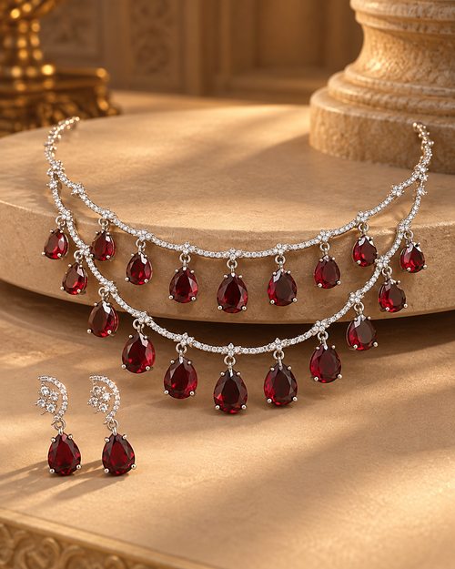 Premium AD Necklace Set for Women, Heavy Look Festive Jewellery with Necklace & Earrings, Stylish Statement Set for Karwa Chauth, Wedding, Diwali & Parties