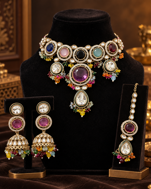 Multicolour Moissanite Look Necklace Set for Women with Earrings & Maang Tikka, Heavy Look Indian Ethnic Jewellery for Wedding, Diwali, Karwa Chauth & Festive Occasions