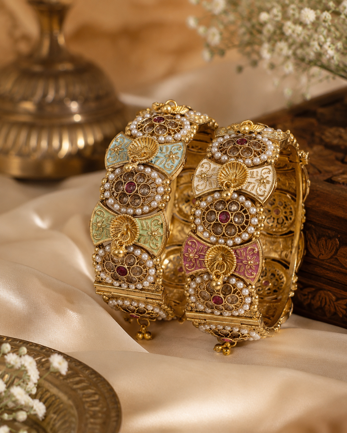 Jugnu Premium Heritage Pearl Kada Bracelet Set (Set of 2)