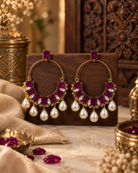 Hoop Earrings for Women, Statement Drop Earrings with Geometric Stones & Pearl Dangles, Gold-Tone Fashion Jewellery for Party, Festive & Wedding Wear