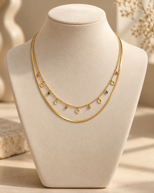 Anti-Tarnish Double Layer Heart Charm Necklace – Gold-Tone Layered Necklace for Women
