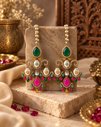 Festive Indian Earrings for Women, Lightweight Ethnic Earrings with Pearl Chain Ear Support, Traditional Jewellery for Karwa Chauth, Wedding, Diwali & Functions