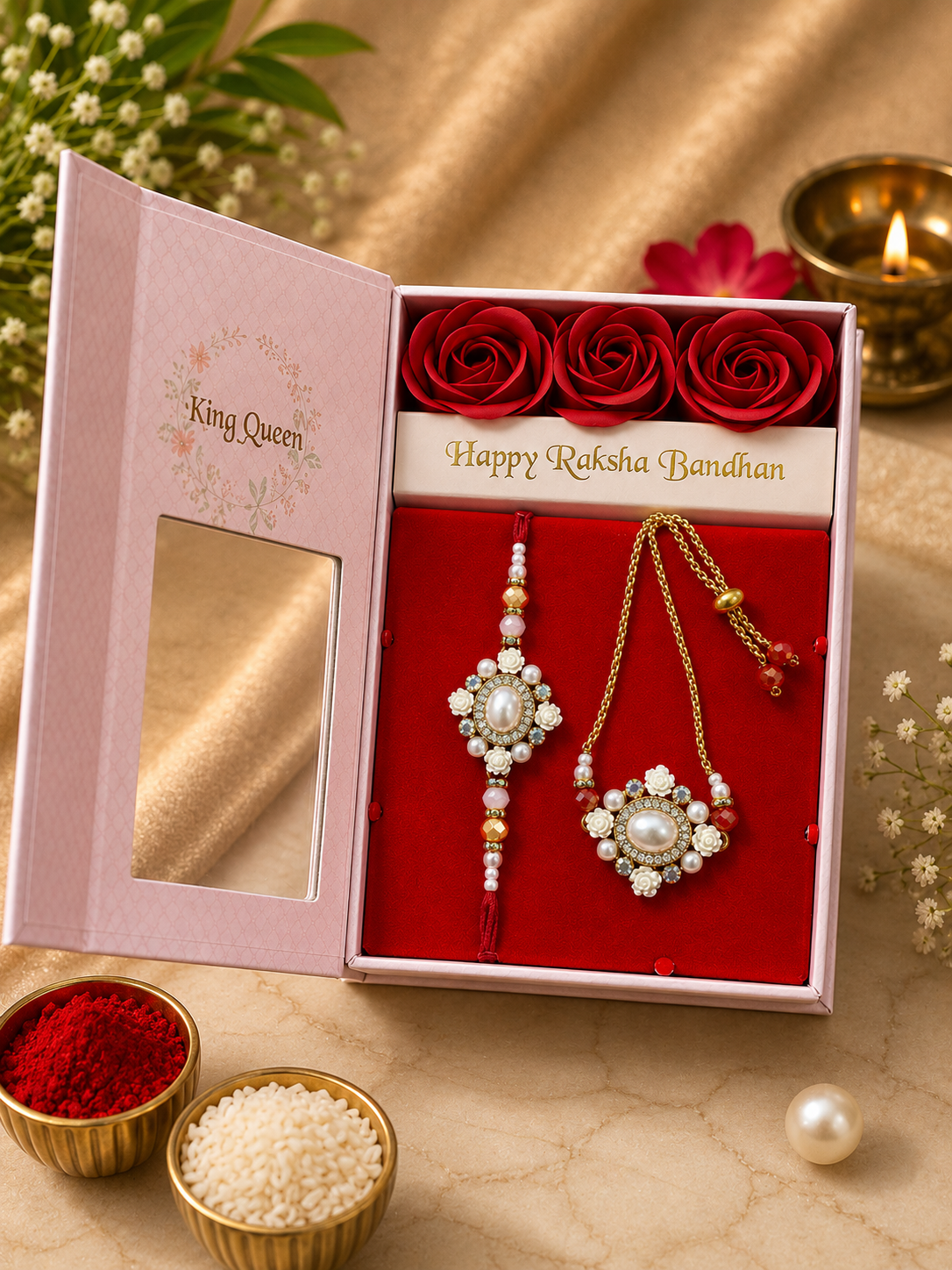 AD Bhaiya Bhabhi Couple Rakhi Set | Premium American Diamond Designer Bhai Rakhi & Lumba Rakhi Gift Box with Roses, Luxury Raksha Bandhan Gift | 5 Variants | Jugnu Store