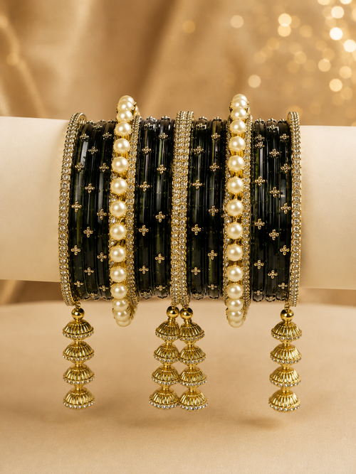 Dark Green Designer Bangles Set with Pearl & Jhumka Accents