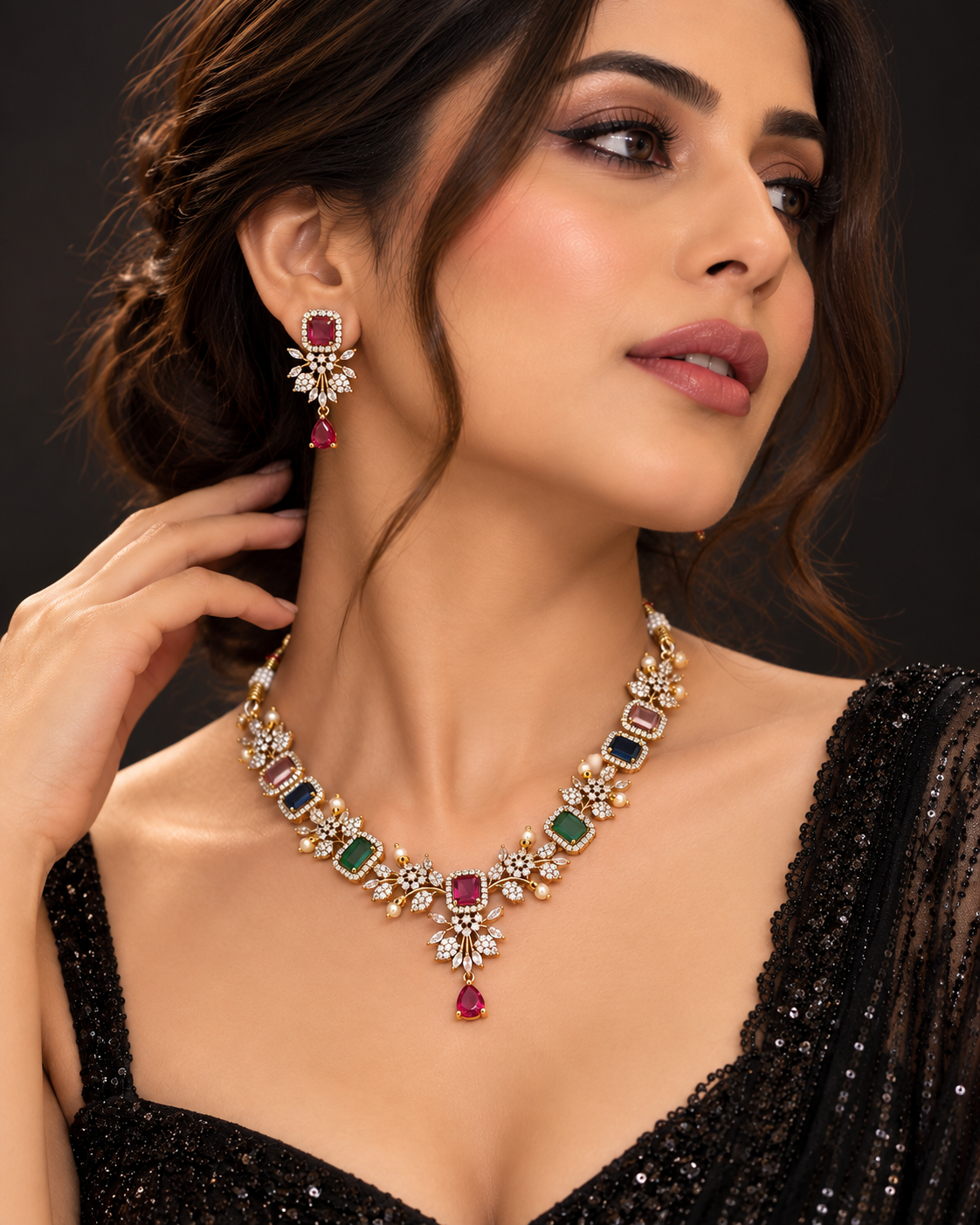 Premium Festive Indian AD Necklace Set with Earrings & Bangle Set, Multicolor Stone Heavy Look Jewellery Set for Women, Karwa Chauth, Wedding, Diwali & Party Wear- 2.6 & 2.8