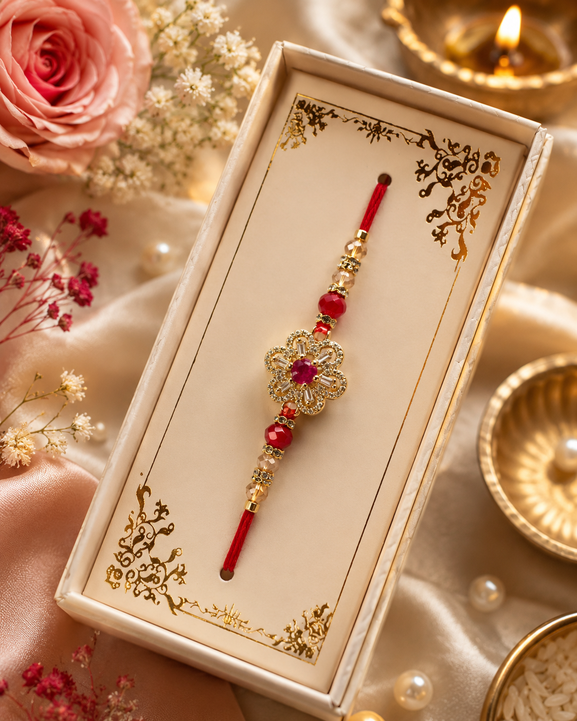 Premium Floral AD Rakhi | Designer American Diamond Rakhi | Rakhi with Roli & Chawal