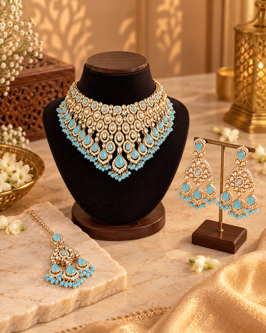 Sky Blue Stone Gold-Tone Traditional Bridal Jewellery Set for Women | Statement Necklace, Matching Earrings & Maang Tikka | Wedding, Party Wear & Festive Ethnic Jewellery