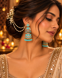 Traditional Pearl Chain Jhumka Earrings with Hair Chain for Women – Gold-Tone Ethnic Festive Jewellery | 3 Colour Variants