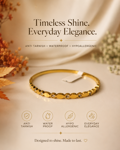 Premium Anti Tarnish Crystal Sleek Bracelet for Women | Gold Stainless Steel Slim Bangle | Waterproof Hypoallergenic Tarnish-Free Everyday Jewelry
