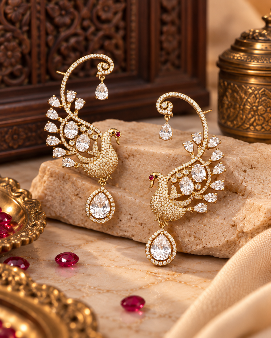 Premium Ear Cuff Earrings for Women, Festive Indian Heavy-Look Lightweight Ear Cuffs, Unique Peacock Design Jewellery for Karwa Chauth, Diwali, Weddings & Functions