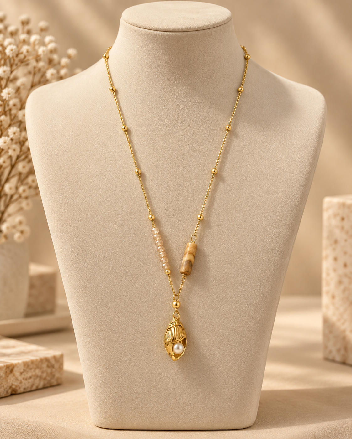 Gold Pearl Drop Necklace for Women | Beaded Shell Pendant Necklace | Elegant Statement Jewellery for Women