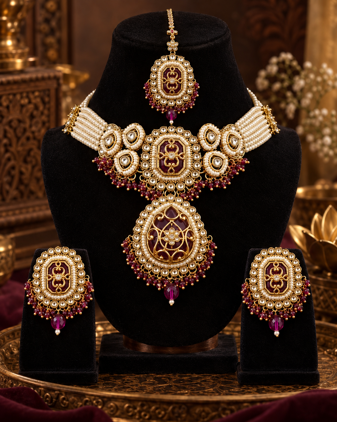 Premium Indian Necklace Set for Women with Earrings & Maang Tikka, Heavy-Look Lightweight Festive Jewellery Set for Karwa Chauth, Diwali, Weddings & Parties, Maroon