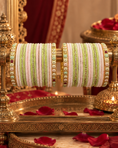 Pastel Bangles Set for Women, Pink & Green Kangan Chooda with Stone Studded Gold-Tone Kadas, Traditional Festive Wedding Jewellery, Sizes 2.4 & 2.8