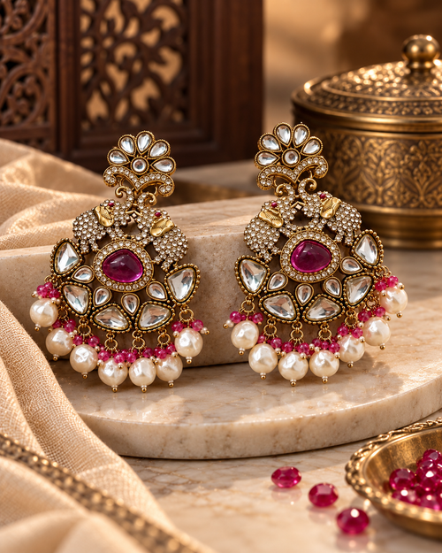 Premium Indian Statement Earrings for Women, Heavy-Look Lightweight Ethnic Earrings with Pearl and Gemstone-Style Detailing for Karwa Chauth, Diwali, Weddings & Parties