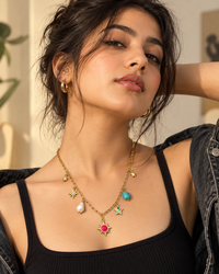 Gold Charm Necklace for Women | Multicolor Star, Pearl & Turquoise Charm Layered Necklace | Trendy Statement Jewellery