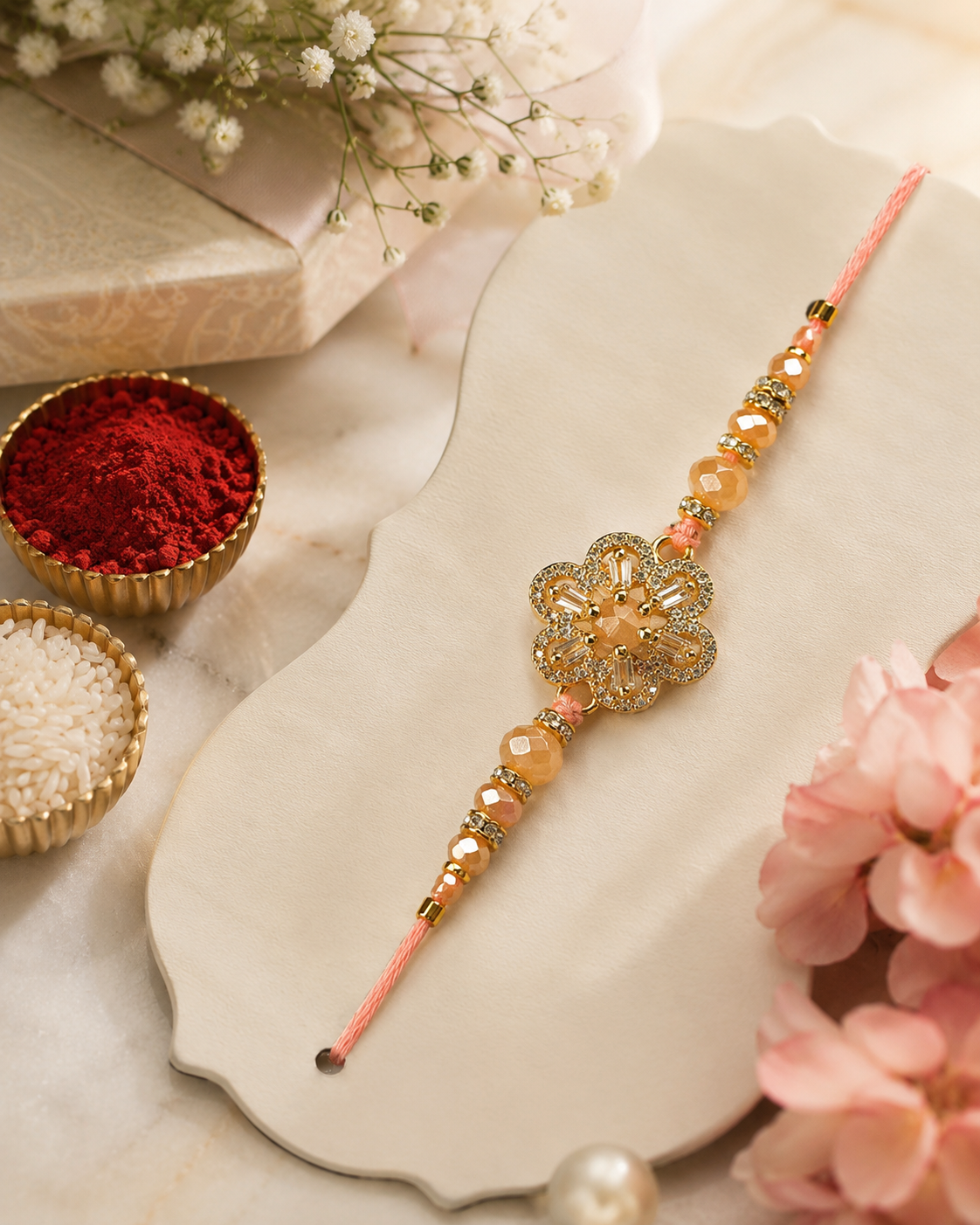 Premium Floral AD Rakhi | Designer American Diamond Rakhi | Rakhi with Roli & Chawal