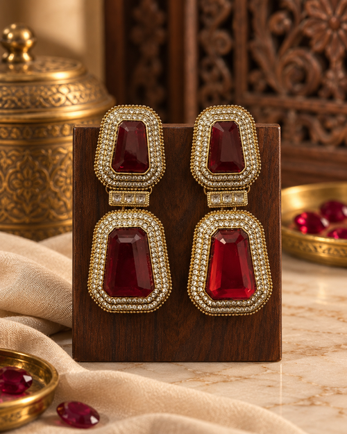 Premium Indian Statement Earrings for Women, Heavy-Look Lightweight Earrings with Gemstone-Style Detailing for Karwa Chauth, Diwali, Weddings & Cocktail Parties