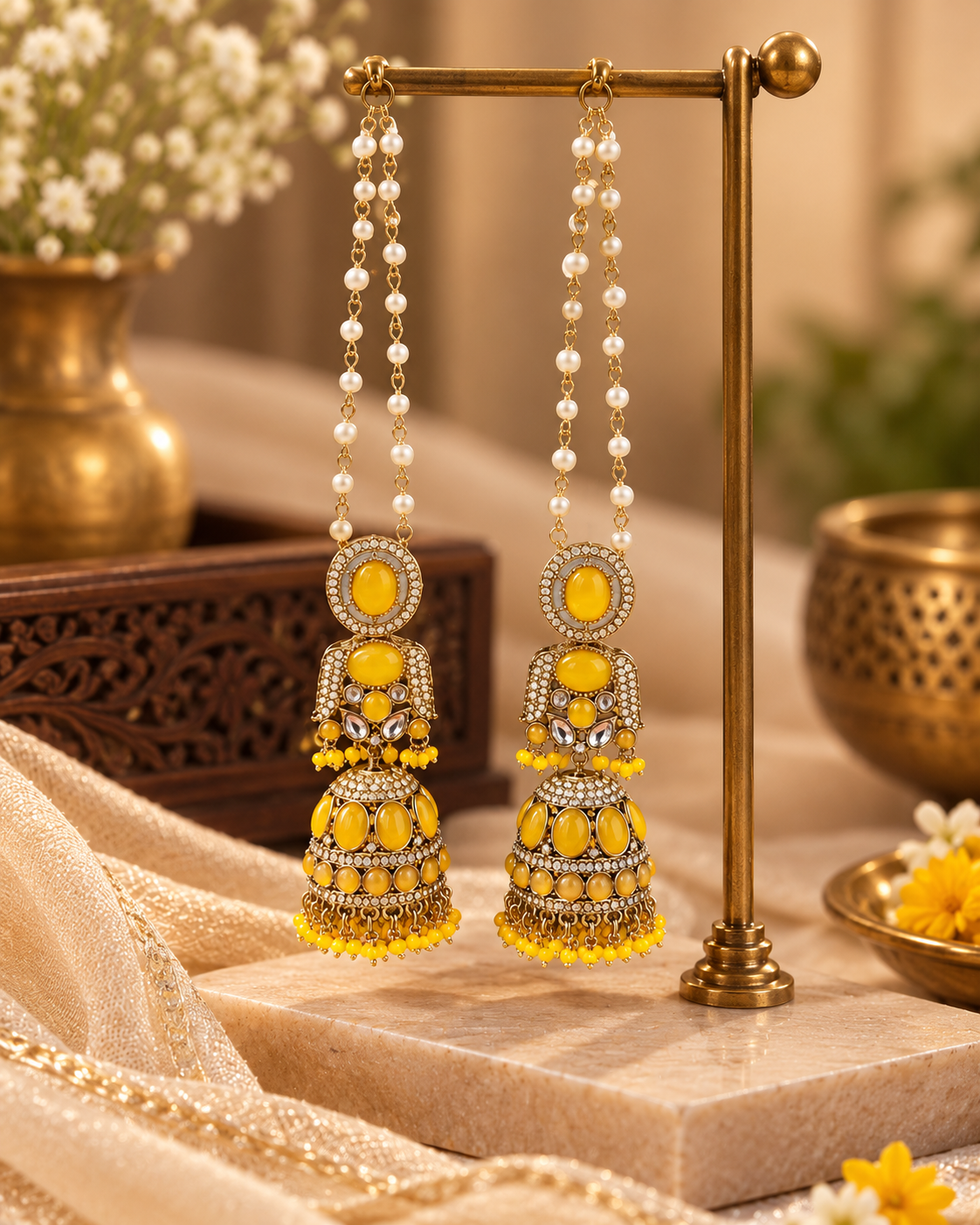 Traditional Pearl Chain Jhumka Earrings with Hair Chain for Women – Gold-Tone Ethnic Festive Jewellery | 3 Colour Variants