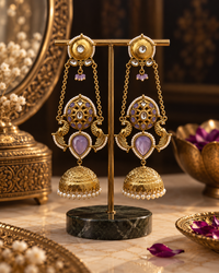 Lavender Jhumki Earrings for Women, Traditional Indian Statement Earrings with Peacock Motif, Pearl Detailing & Long Chain Design for Karwa Chauth, Wedding, Diwali & Festive Wear