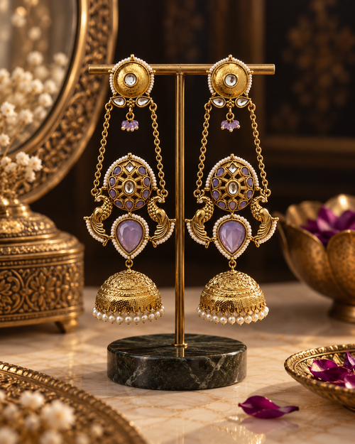 Lavender Jhumki Earrings for Women, Traditional Indian Statement Earrings with Peacock Motif, Pearl Detailing & Long Chain Design for Karwa Chauth, Wedding, Diwali & Festive Wear