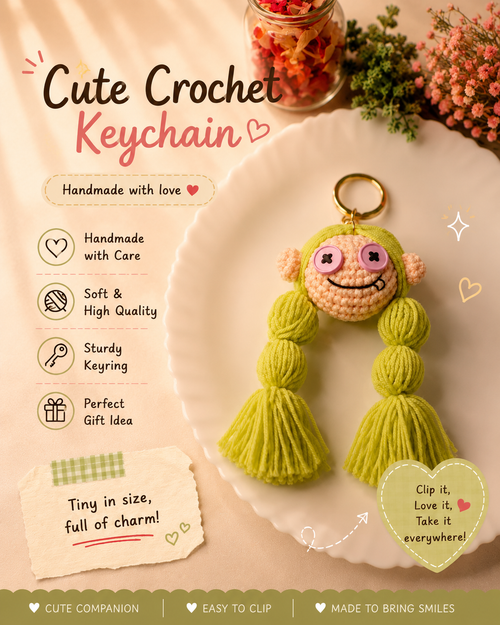 Handmade Crochet Girl Keychain | Cute Doll Bag Charm | Knitted Kawaii Keyring