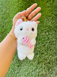Cute Cat Plush Keychain with Fish | Soft Furry Cat Bag Charm & Keyring | 3 Colour Variants