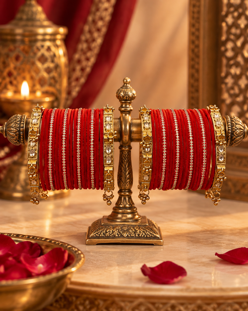 Red Designer Bangle Set for Women, Stone Studded Traditional Chooda Kangan, Gold-Tone Festive Wedding Jewellery for Saree & Lehenga, Size 2.6