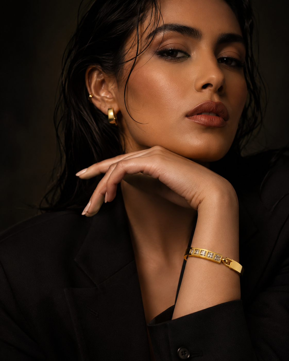 Anti Tarnish Gold Bracelet for Women | Crystal Square Stone Statement Bracelet | Elegant Geometric Cuff Jewellery | Stylish Everyday & Party Wear