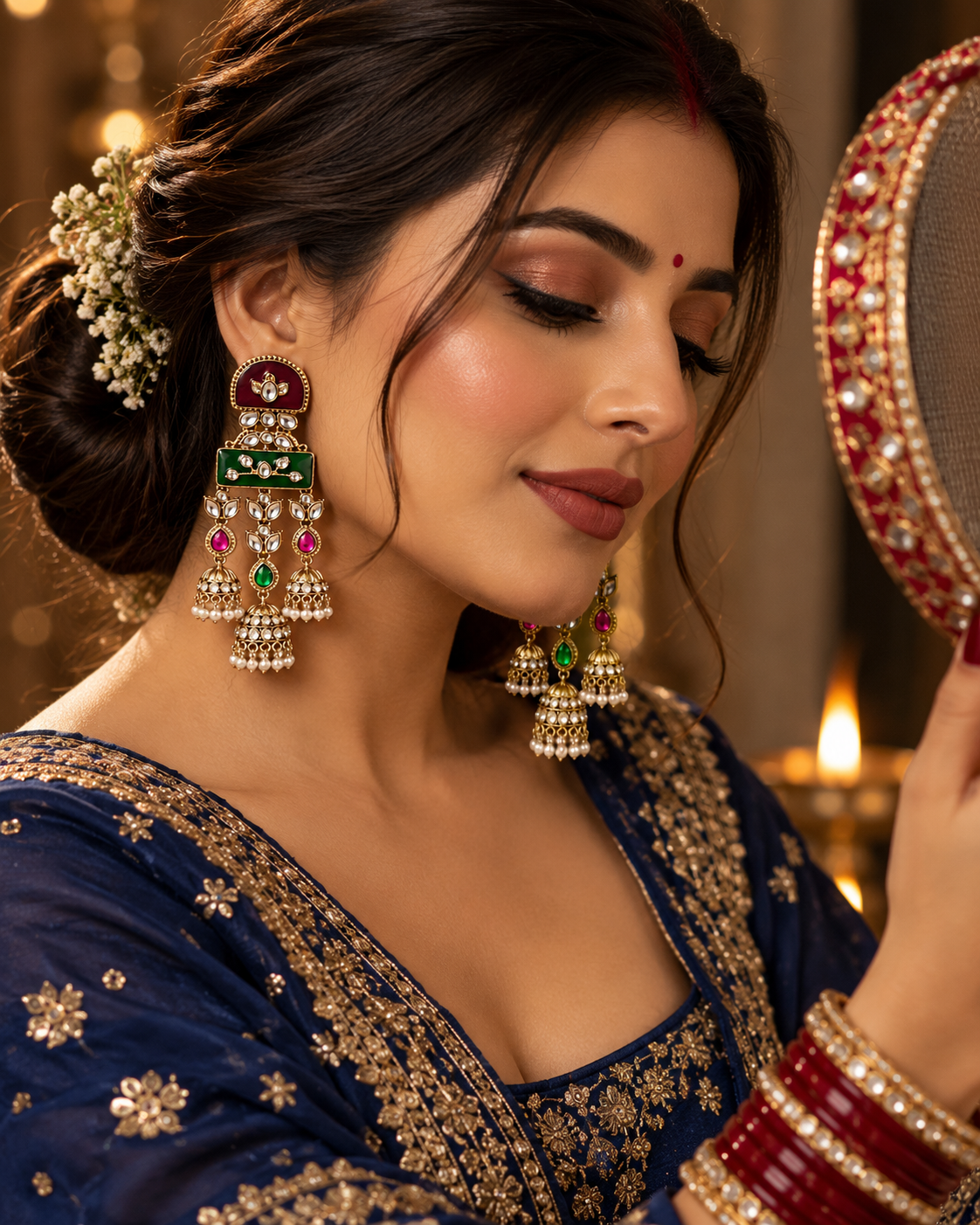 Festive Indian Earrings for Women, Traditional Kundan-Style Jhumka Drop Earrings with Red & Green Detailing, Ethnic Jewellery for Karwa Chauth, Wedding & Diwali