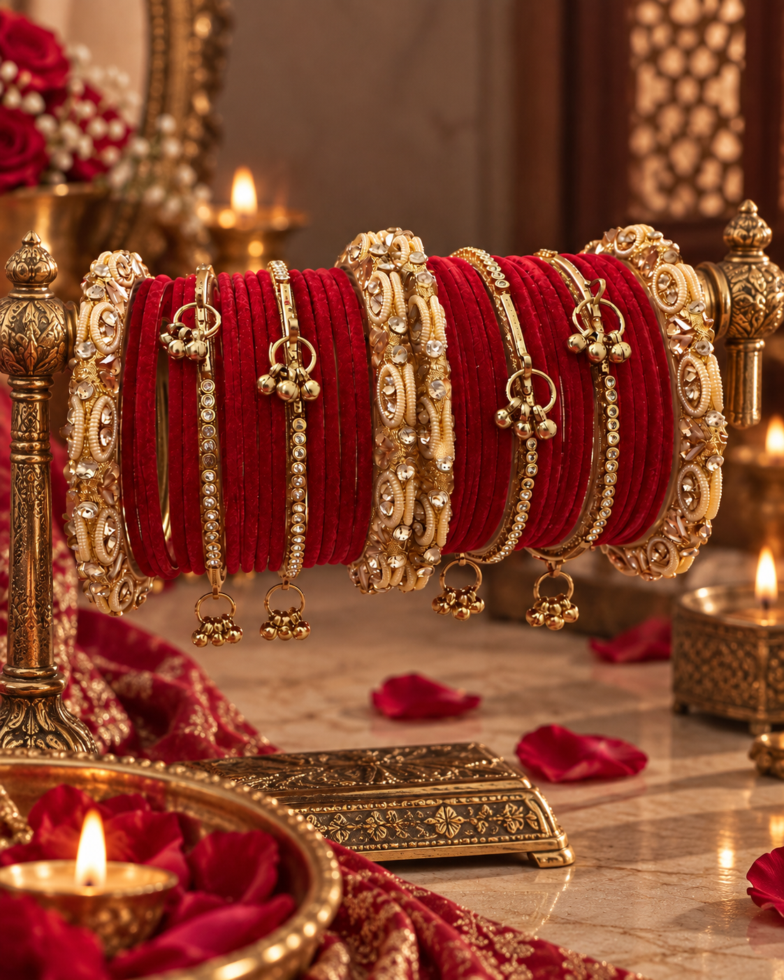 Magenta Velvet Glass Bangle Set for Women, Designer Glass Stone Studded Kangan Chooda, Traditional Ethnic Jewellery for Wedding Festive Wear, Sizes 2.4, 2.6 & 2.8