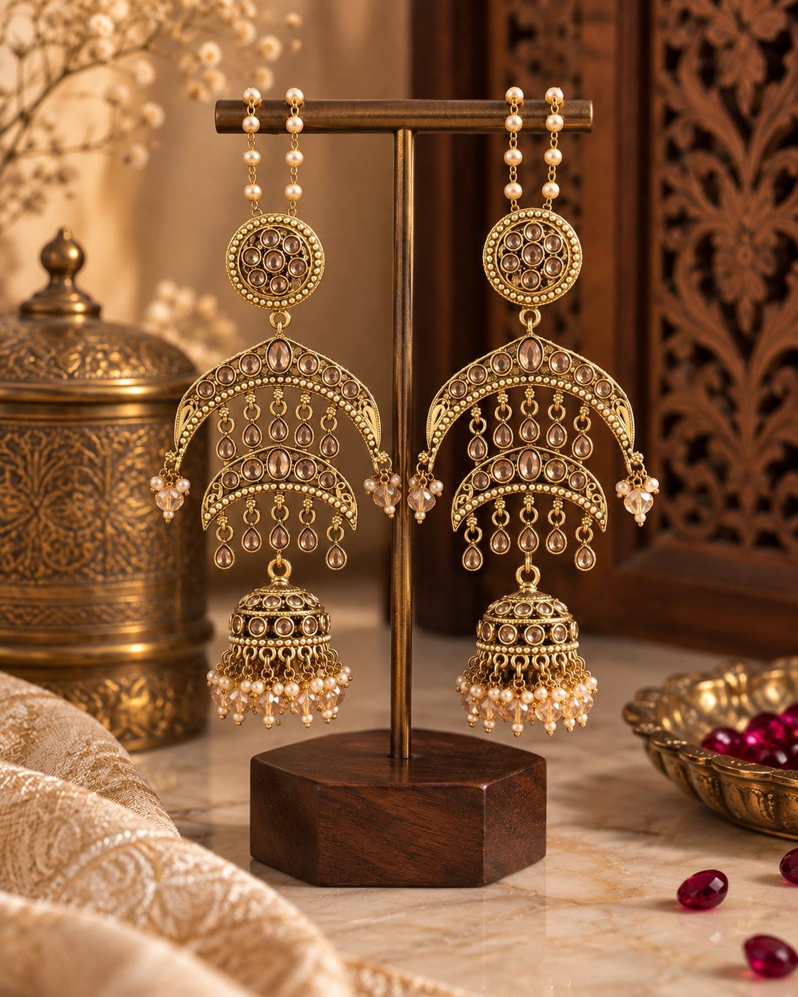 Jhumka Earrings for Women, Traditional Indian Ethnic Chandbali Jhumki Earrings with Pearl Details, Statement Jewellery for Wedding, Festive & Party Wear