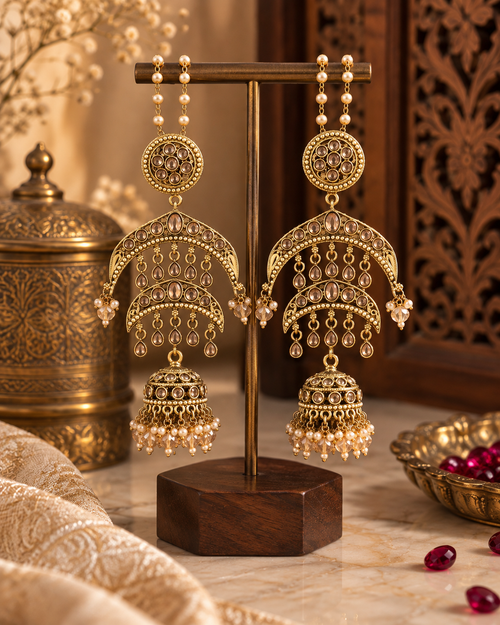Jhumka Earrings for Women, Traditional Indian Ethnic Chandbali Jhumki Earrings with Pearl Details, Statement Jewellery for Wedding, Festive & Party Wear