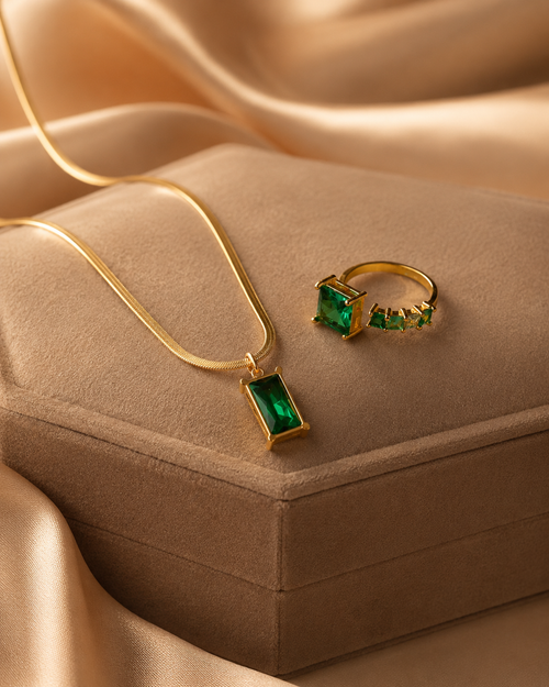 Anti Tarnish Emerald Pendant & Ring Combo for Women