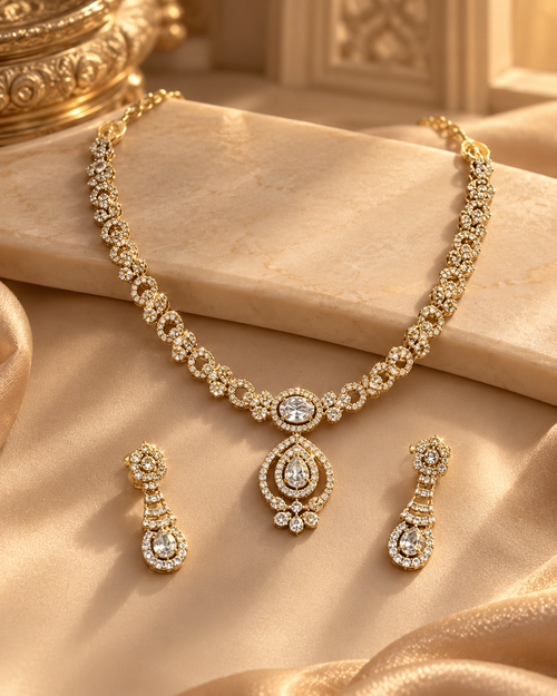 AD Stone Necklace Set for Women, Festive Heavy Look Necklace with Matching Earrings, Indian Jewellery Set for Karwa Chauth, Wedding, Diwali, Cocktail Party & Functions