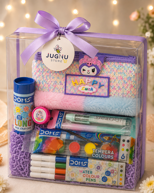 Kids Return Gift Hamper for Birthday Party | Premium Zipper Pouch with DOMS Crayons, Pen Pencil, Sketch Pens, Water Colours & Stamp | Boys & Girls Gift Set