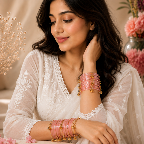 Pink Jelly Bangles with Golden Kashmiri Bangles Set | Elegant Ethnic Bangle Combo for Women