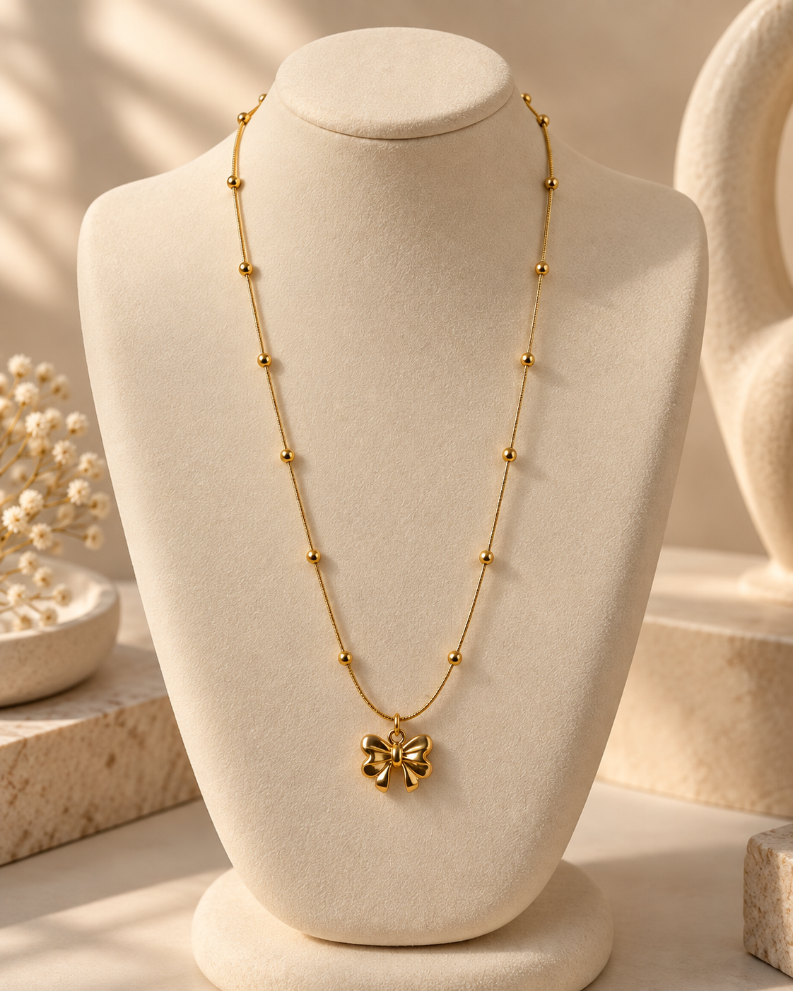 Bow Pendant Necklace for Women | Gold-Tone Beaded Chain Necklace | Elegant Minimalist Jewellery