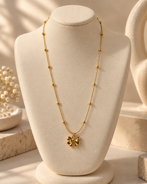 Bow Pendant Necklace for Women | Gold-Tone Beaded Chain Necklace | Elegant Minimalist Jewellery