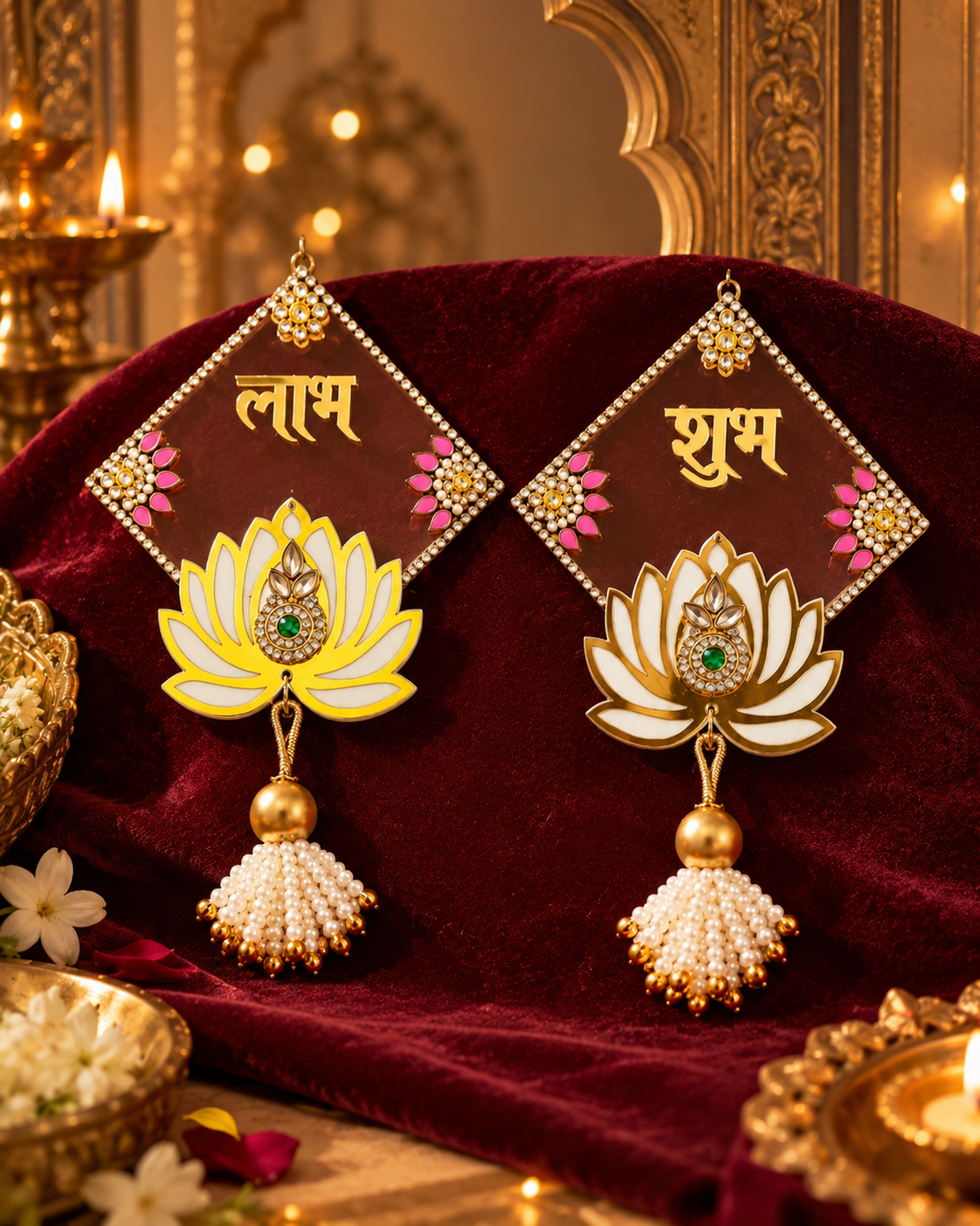 Shubh Labh Lotus Door Stickers Set of 2 | Decorative Diwali Stickers for Main Door, Windows & Mandir