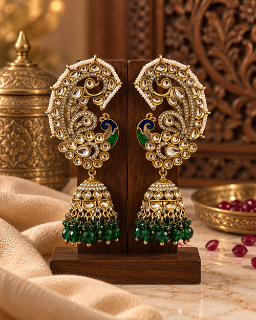 Kundan Ear Cuffs for Women, Peacock Design Festive Earrings with Pearl Border and Green Bead Jhumka Detailing for Karwa Chauth, Diwali, Wedding & Parties