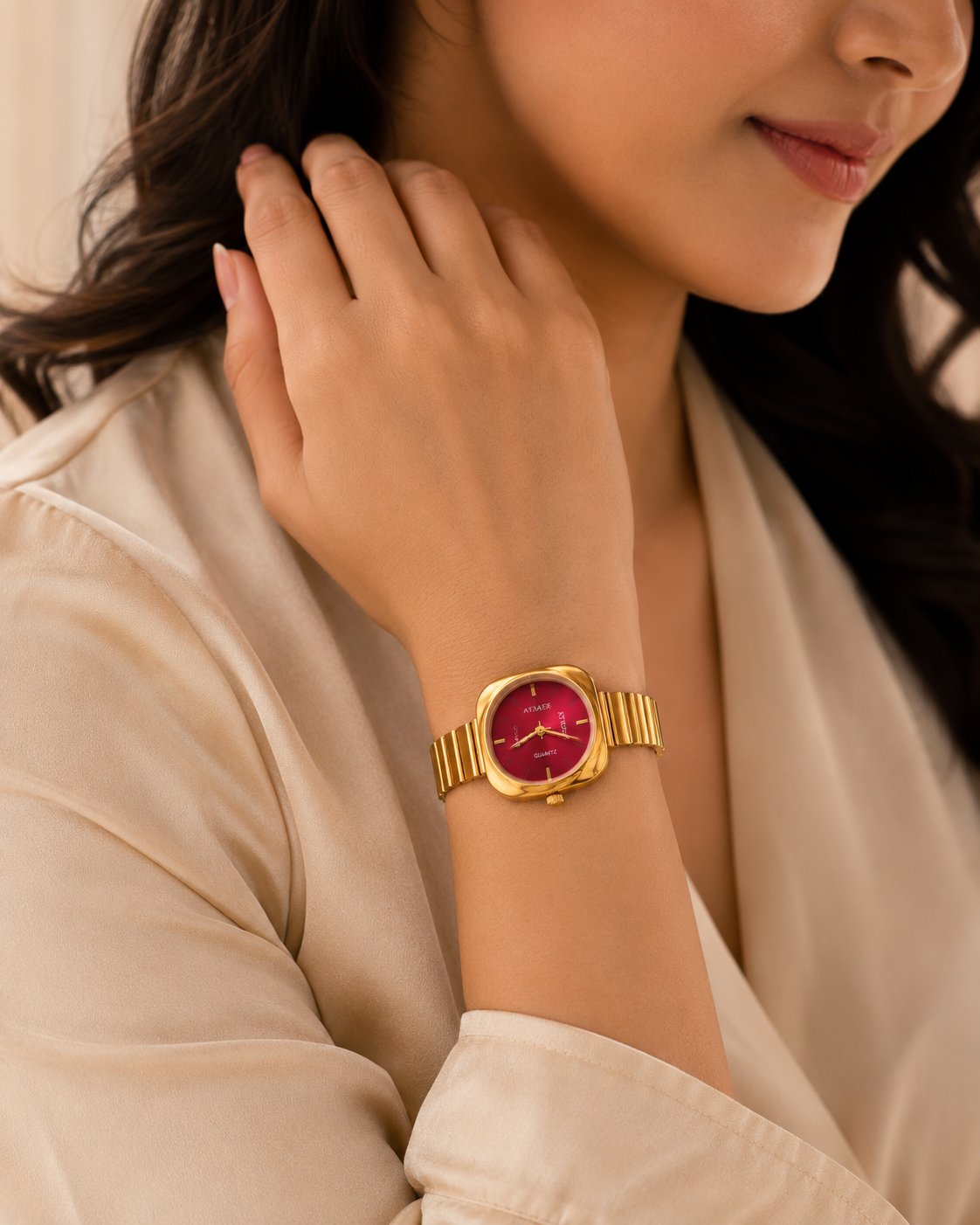 Anti Tarnish Women’s Watch with Ruby & Black Dial | Gold Plated