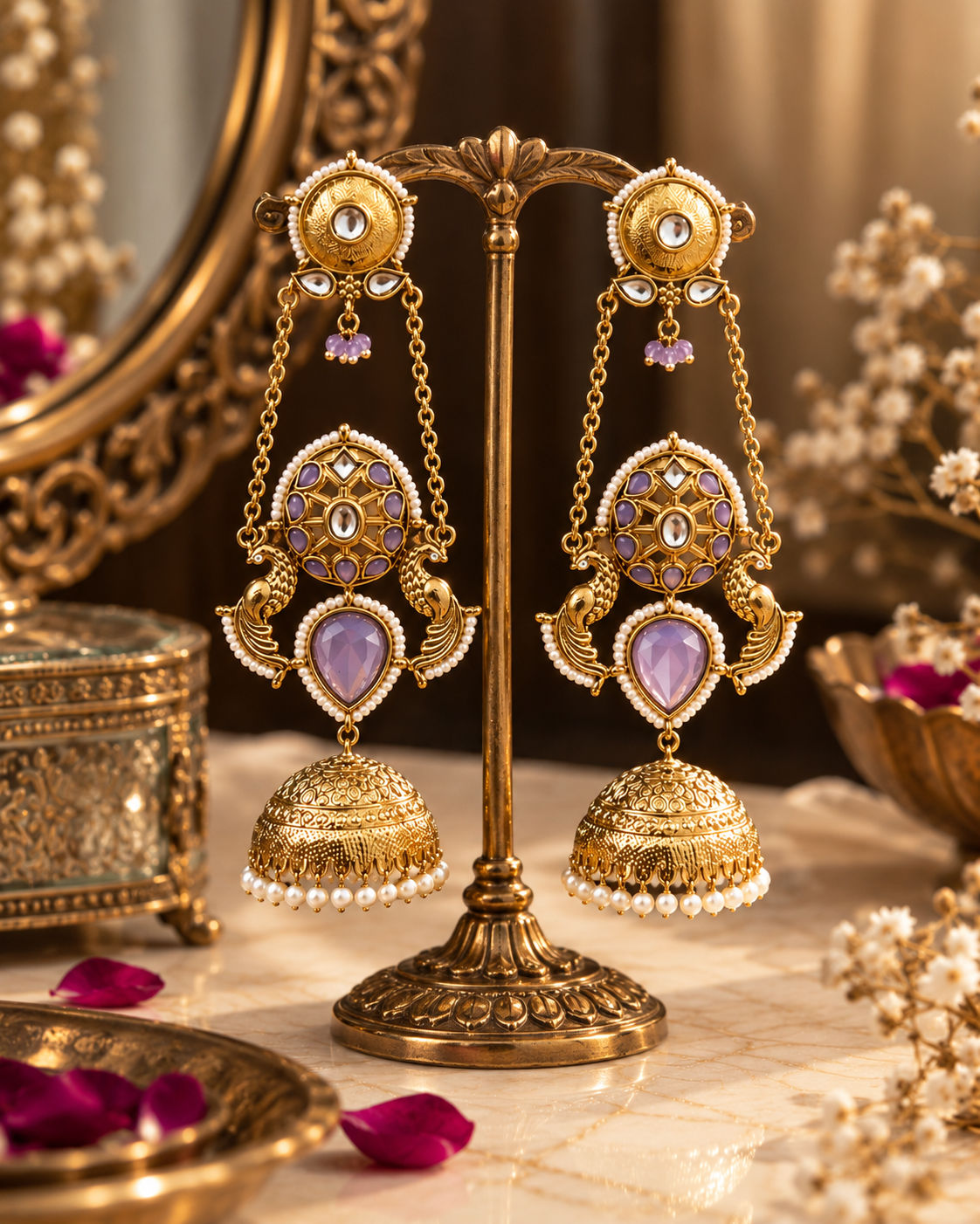 Lavender Jhumki Earrings for Women, Traditional Indian Statement Earrings with Peacock Motif, Pearl Detailing & Long Chain Design for Karwa Chauth, Wedding, Diwali & Festive Wear