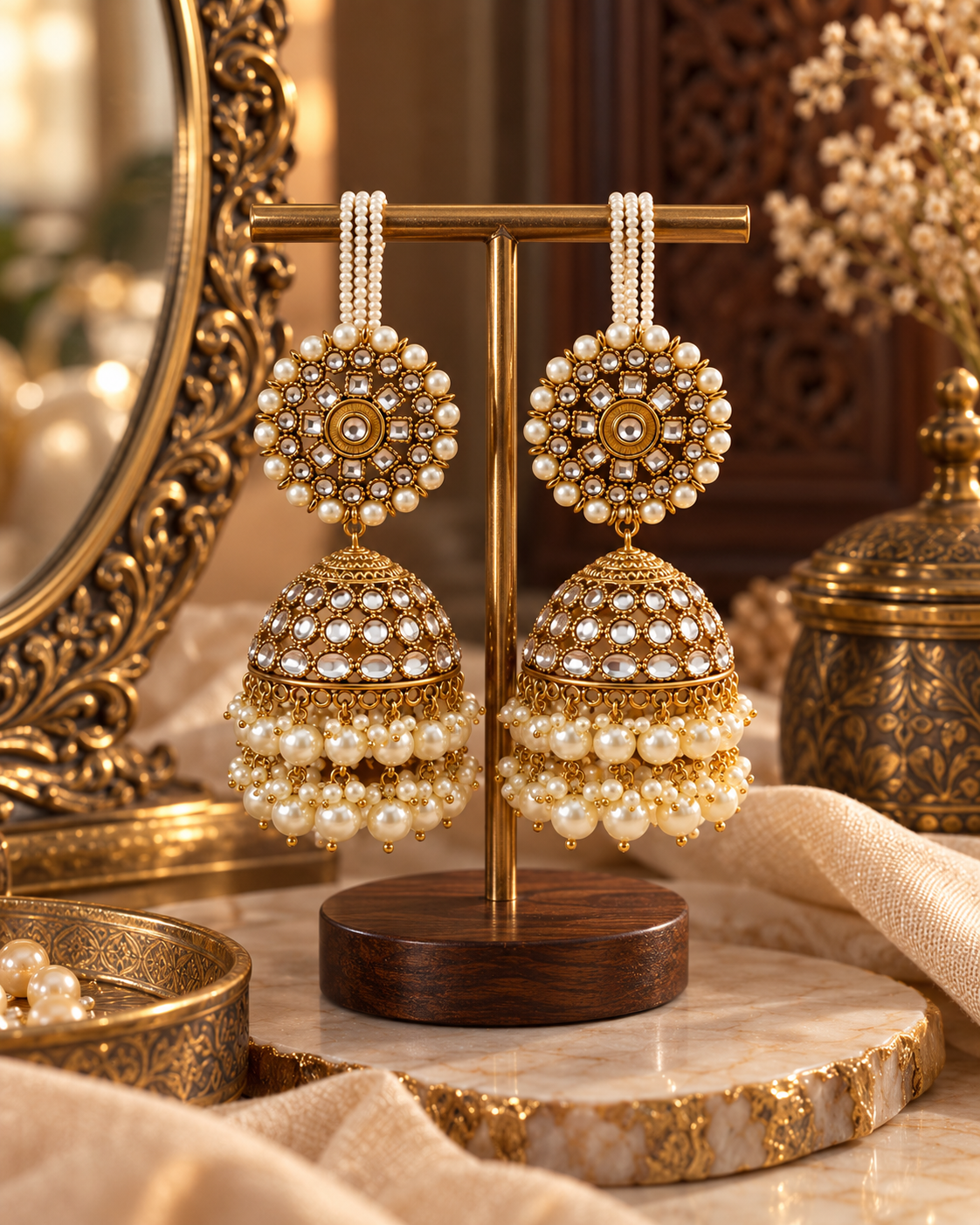 Premium Jhumki Earrings for Women, Pearl & Stone Studded Traditional Indian Ethnic Earrings for Karwa Chauth, Wedding, Diwali, Festive & Party Wear
