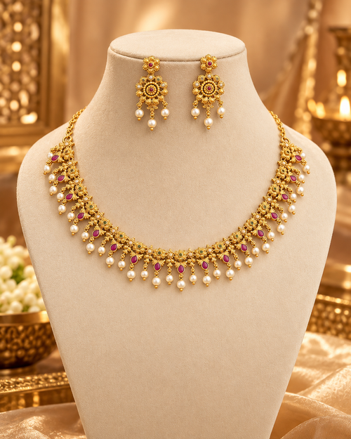 South Indian Style Necklace Set for Women, Multicolour Gold-Look Temple Jewellery with Necklace & Earrings, Traditional Wedding & Festive Jewellery
